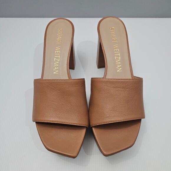 Stuart Weizman Squarehigh 95 Platform Sandal 10 Tan Leather Square Toe Heel - Picture 4 of 13